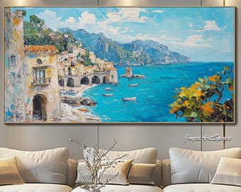Original Coastal Wall Art Custom Ocean Canvas Oil Painting Modern Handmade Abstract Greek landscape Wall Decor Boho Wall Art for Living room