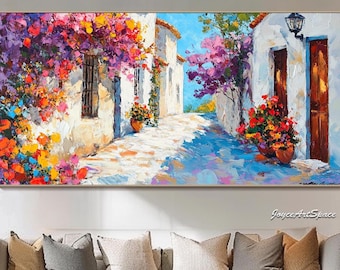 Colorful Floral Wall Art Abstract Mediterranean Oil Painting on Canvas Landscape Art Large Living Room Wall Art Abstract Texture wall decor