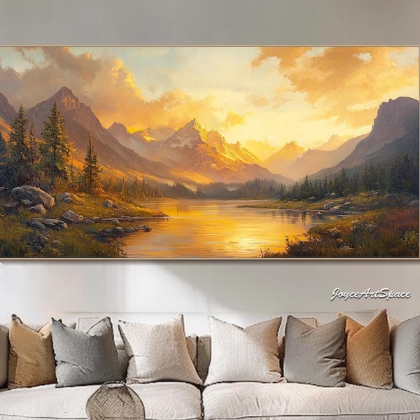 May include: A landscape painting depicts a mountain range at sunset, with a golden sky reflecting in a lake. The artwork features a warm color palette of yellows, oranges, and browns, with trees and rocky terrain.