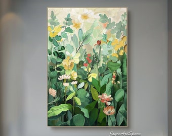 Grand art mural vert original, peinture sur toile, peinture florale printanière, grande oeuvre d'art murale texturée, décoration murale de salon, cadeau pour elle