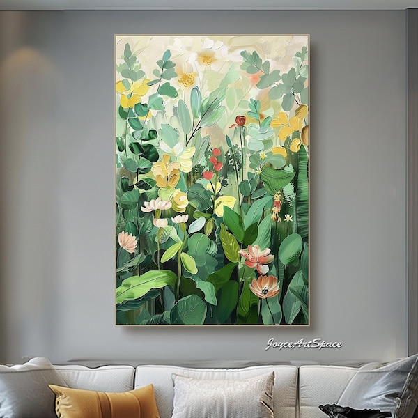 Large Green Wall Art Original Flower Painting on Canvas Spring Floral Painting Large Textured Wall Art Living Room Wall Decor Gift for Her