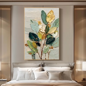 Dipinto a olio su tela con foglia d&#39;oro verde e texture 3D, moderno dipinto botanico da parete, dipinto a mano, opera d&#39;arte naturalistica per l&#39;arredamento del soggiorno