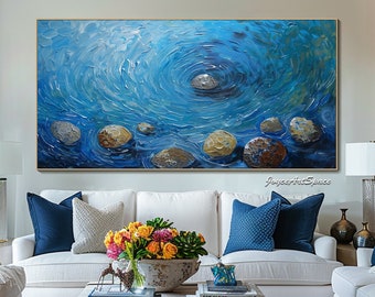 Abstract Blue Water Waves Oil Painting 3d Textured Oil Painting on Canvas Large Living Room Wall Art Custom Gift Modern Minimalist Wall Art