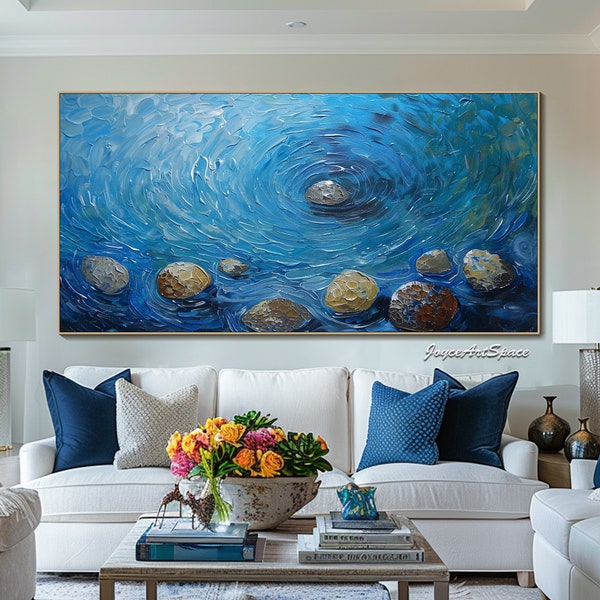 Abstract Blue Water Waves Oil Painting 3d Textured Oil Painting on Canvas Large Living Room Wall Art Custom Gift Modern Minimalist Wall Art