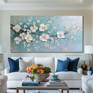 Abstract Floral Oil Painting on Canvas White 3d Textured Wall Art  Flower Painting Large Modern Wall Art Living Room Decor Spring Wall Art