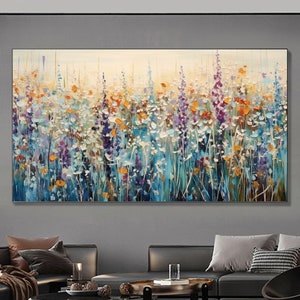 Large Abstract Flowers Oil Painting on Canvas Original Modern Colorful Field Flower Landscape Wall Art Acrylic Painting Living Room Wall Art