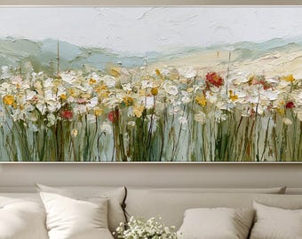 Abstracte olieverfschilderij met wilde bloemen, horizontaal weidelandschap, wanddecoratie met textuur, natuurdecoratie voor de woonkamer.