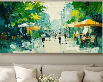 Original Modern Oil Painting Abstract City Street Wall Art Textured Green Wall Decor Large Canvas Oil Painting Unique Living Room Wall Art