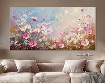 Original Bezaubernde Blume Gemälde auf Leinwand Abstrakte Ölgemälde Strukturierte Ölgemälde Wohnzimmer Wandkunst Rosa & Weiße Blumen Malerei