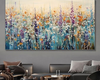 Large Abstract Flowers Oil Painting on Canvas Original Modern Colorful Field Flower Landscape Wall Art Acrylic Painting Living Room Wall Art