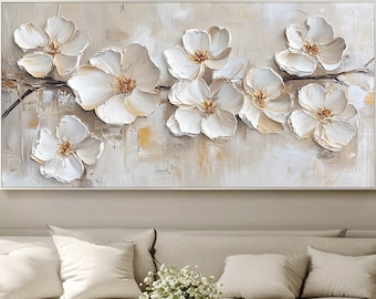 White Flower Oil Painting Impasto Floral Wall Art Palette Knife Canvas Painting Flower Wall Art 3D Textured Wall Art Original Bloom Artwork
