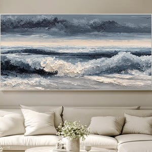 Original Beach Oil Painting 3D Textured Wall Art Abstract Painting Canvas Living Room Wall Art Impasto Ocean Wave Painting Nature Wall Art