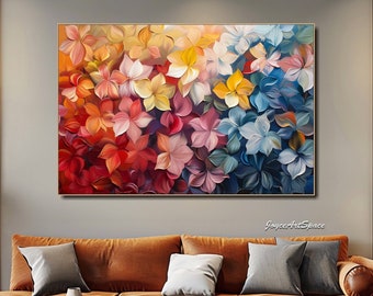 Großes buntes abstraktes Blütenblatt-Gemälde auf Leinwand, moderne strukturierte Wandkunst, Original-Blumengemälde auf Leinwand, Geschenk für Sie, Wohnzimmer-Dekoration
