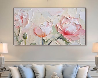 Rosa Blumen Gemälde auf Leinwand 3D Blumen Wandkunst Großes abstraktes Gemälde Boho Moderne Original Wandkunst Strukturierte Bunte Wandkunst