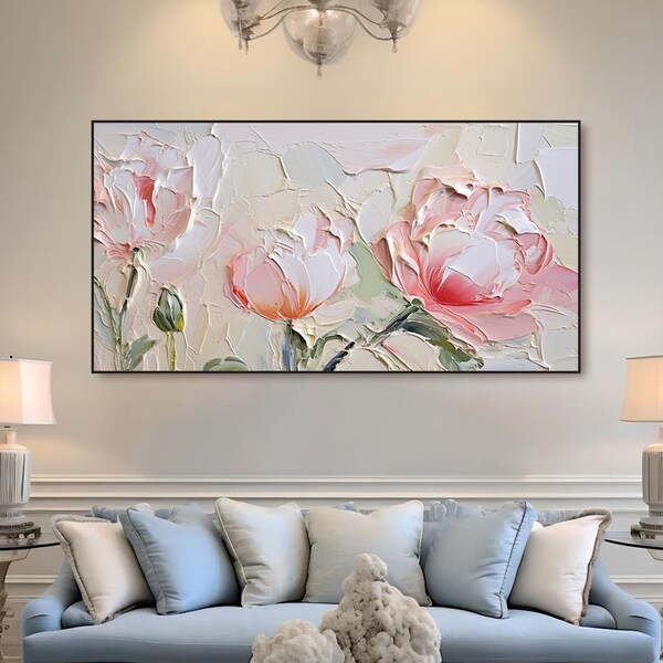 Fleur rose peinture sur toile 3D art mural floral lumineux grande peinture abstraite bohème art mural original moderne texturé art mural coloré