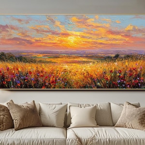 Handgemaltes Landschaftsgemälde auf Leinwand, großes, strukturiertes Sonnenuntergangs-Wandbild, goldene Wanddekoration für Wohnzimmer, Wiesenmotiv