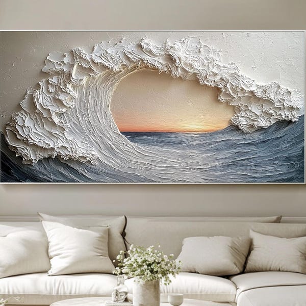 Strukturierte Welle Wandkunst Großes 3D Ozean Ölgemälde Sonnenuntergang Meerlandschaft Relief Kunst Moderne Küsten Leinwand Handgemachtes Kunstwerk