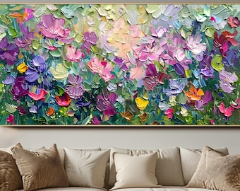 Dipinto ad olio originale su tela, astratto floreale, decorazione murale colorata e materica per il soggiorno, arte moderna, pittura a impasto fatta a mano.
