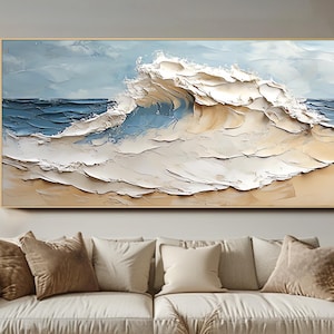 3D Wave Textured Wall Art Impasto Ocean Oil Painting on Canvas Abstract Bedroom Wall Art Large Nature Wall Decor Abstract Modern Beach Art