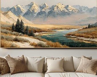 Original Mountain River Oil Painting Textured Landscape Wall Art Snowy Peaks Artwork Panoramic Wall Decor for Living Room