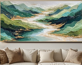 Mountain Landscape Oil Painting Abstract Green Gold Wall Art Original Unique Textured Painting Modern Nature Canvas Artwork for Living Room