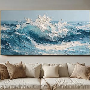 Original Ocean Wave Oil Painting Large Beach Wall Art Impasto Painting Blue Living Room Wall Decor Abstract Wall Art 3D Textured Wall Art