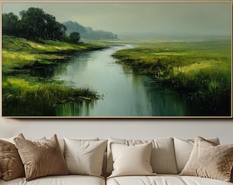 Green Landscape Oil Painting River Valley Wall Art Nature Wall Art Textured Canvas Artwork Green Wall Art Calm Abstract Living Room Wall Art