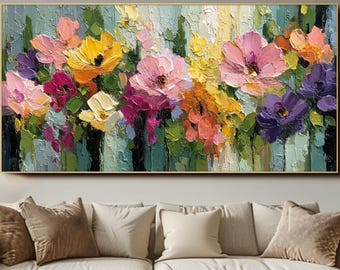 Dipinto a olio di fiori colorati, arte murale 3D con texture, impasto floreale, arte murale astratta, grande arte murale unica, decorazione murale per soggiorno
