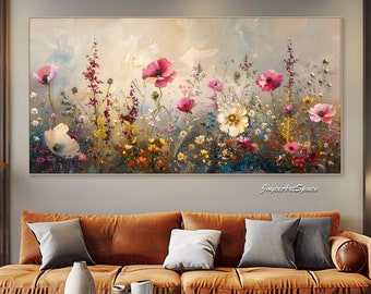 Großes Blumengemälde auf Leinwand, moderne Wandkunst, abstraktes Ölgemälde, strukturiertes Ölgemälde, Wohnzimmer-Wandkunst, rosa weiße Blumenmalerei