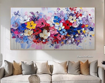 Grande peinture enchanteresse de fleurs, peinture florale à l'huile sur toile, art mural texturé moderne, art mural de salon, peinture originale peinte à la main