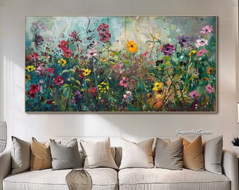 May include: A colorful abstract painting of a field of flowers in shades of pink, purple, yellow, red, and green. The painting is done in a loose, impressionistic style.