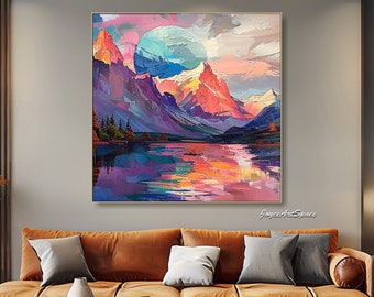 Grande peinture abstraite colorée sur toile, art mural texturé épais, peinture originale de paysage sur toile, art mural du salon, cadeau pour elle