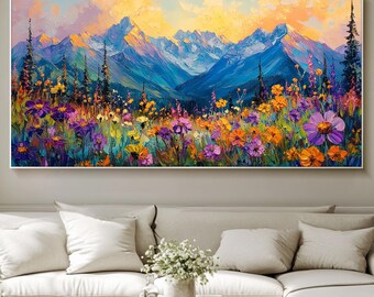 Wildflower Mountain Painting Alpine Meadow Wall Art Large Horizontal Oil Painting for Living Room Original Canvas Textured Artwork