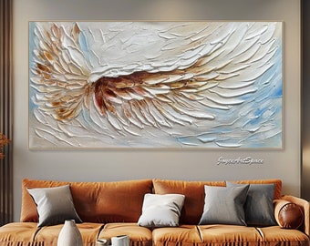 Peinture à l'huile originale d'aile d'ange, peinture à l'huile abstraite sur toile, grande décoration murale, art mural texturé 3D, peinture originale personnalisée pour chambre à coucher