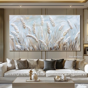 May include: A large abstract painting of white wheat stalks on a light blue background. The painting has a textured, 3D effect.