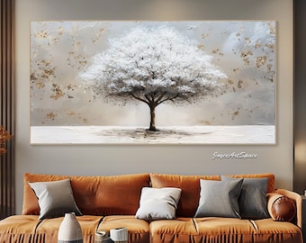 May include: A painting of a white tree with a gray and gold background. The tree is in the center of the painting and has a thick trunk and branches. The background is a light gray with gold accents.