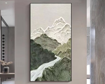 Large Abstract Mountain and River Landscape Oil Painting on Canvas Thick Texture Subdued Color Tones Original Wall Art Minimalist Wall Art