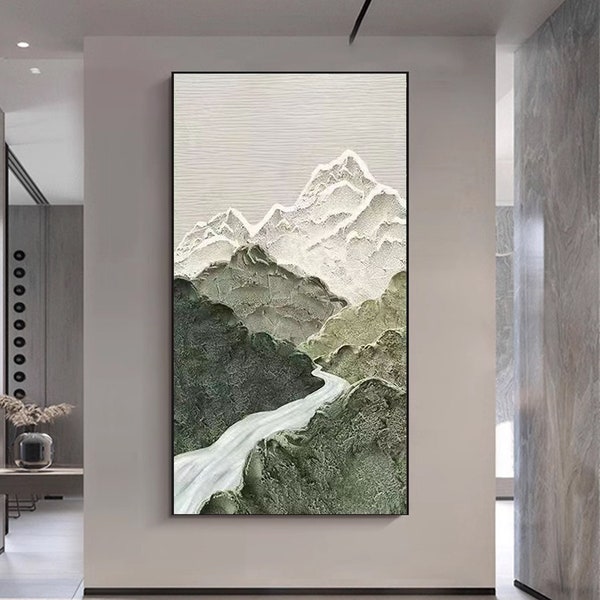 Large Abstract Mountain and River Landscape Oil Painting on Canvas Thick Texture Subdued Color Tones Original Wall Art Minimalist Wall Art