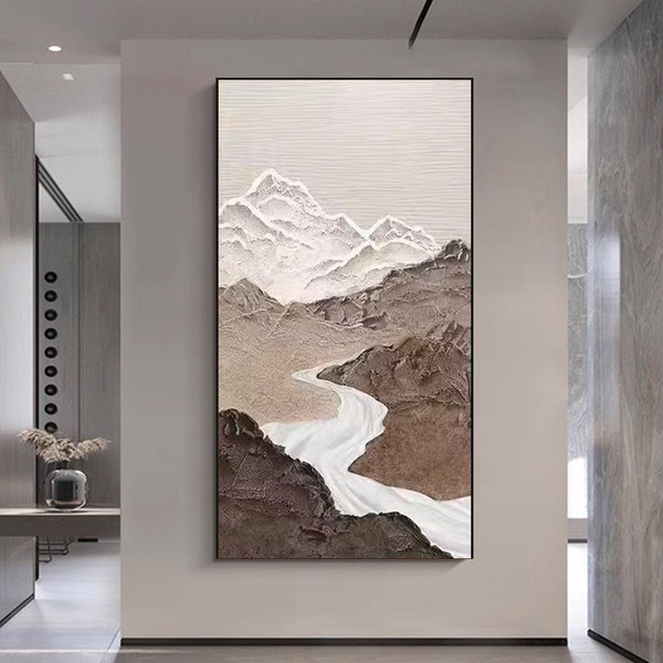 Serenity in Earthy Hues Large Abstract Landscape Painting on CanvasLarge Abstract Mountain River Landscape Thick Texture Original Wall Art