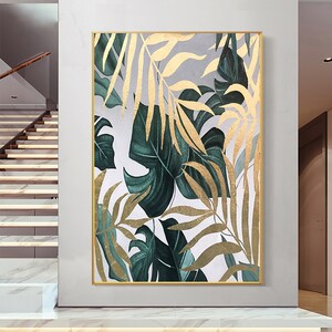 Original Minimalist Green Painting on Canvas Gold Foil Oil Painting on Canvas Large Abstract Original Gold Leaf Green plant Oil Painting