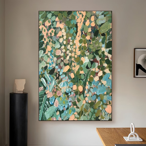 Original Abstract Oil Painting on Canvas, Green jungle Hand-Painted Large Painting Colored Modern Floral Texture Acrylic Boho Wall Art