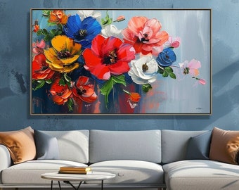 Peinture florale enchanteresse, peinture à l'huile sur toile, oeuvre d'art murale texturée moderne, oeuvre d'art murale pour grand salon, peinture peinte à la main