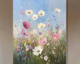 Abstract Flower Oil Painting on Canvas Original Botanical Painting Large Blue Wall Art Floral Wall Art Living Room Wall Art Acrylic Painting