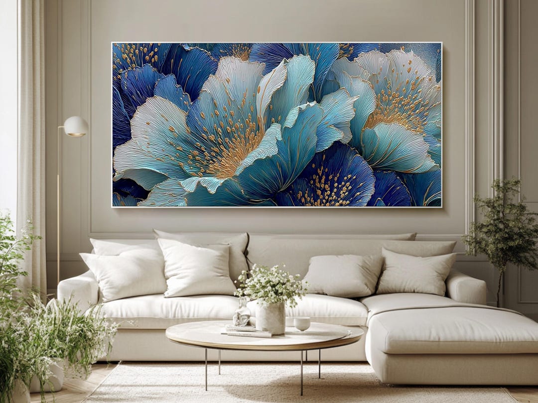 Large Canvas Wall Art Abstract Blue Flower Oil Painting Living Room ...