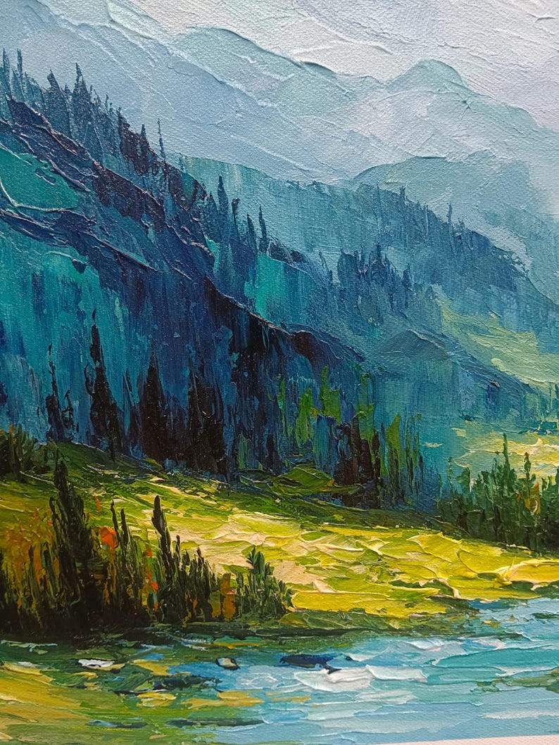 Mountain Landscape Oil Painting Original Canvas Wall Art Green Valley ...