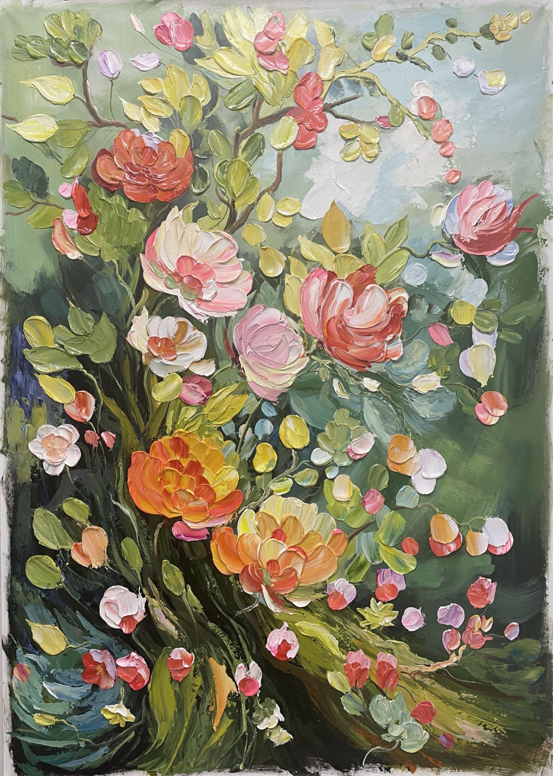 Abstract Floral Oil Painting on Canvas Original Vintage Wall Art Large ...