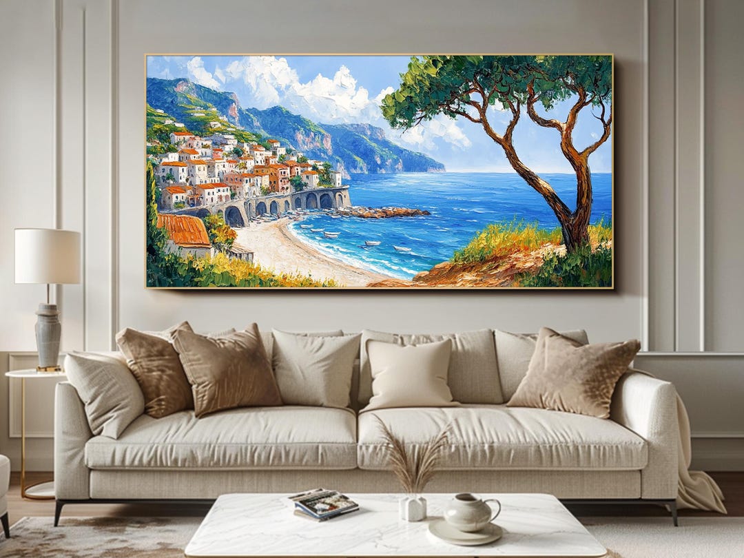 Beach Wall Decor Mediterranean Coastal Painting Large Horizontal Canvas ...