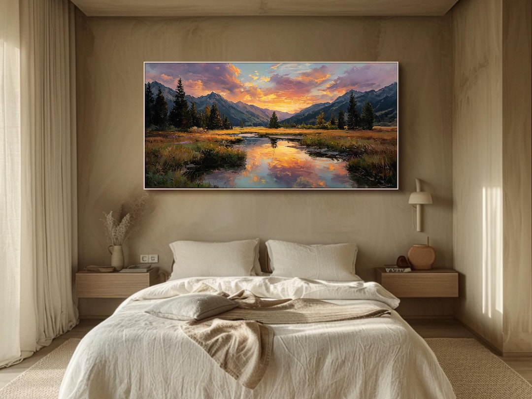 Sunset Mountain Landscape Oil Painting Textured Nature Wall Art Palette ...