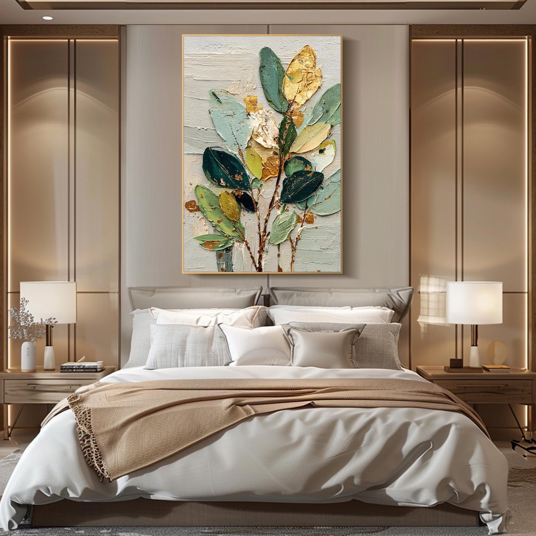 3d Textured Wall Art Green Gold Leaf Oil Painting on Canvas Modern ...