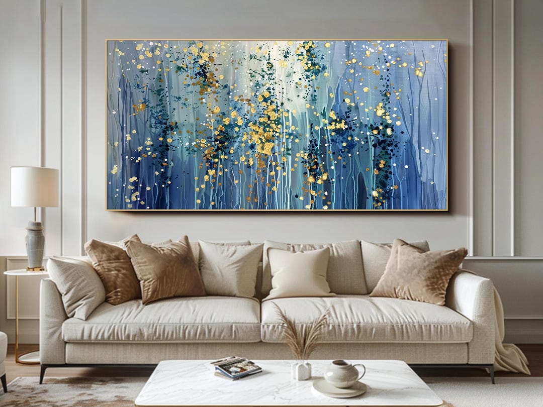 Abstract Blue Gold Oil Painting Modern Textured Wall Art Contemporary ...